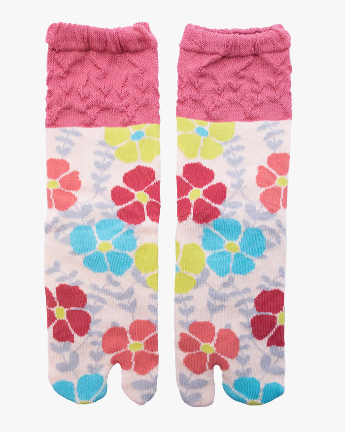Kurochiku, Tabi Socks, Crew, Cream with Pink and Blue Flowers (S/M)