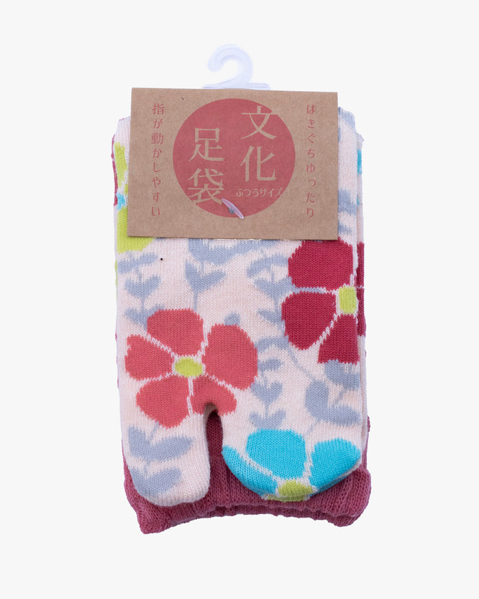 Kurochiku, Tabi Socks, Crew, Cream with Pink and Blue Flowers (S/M)