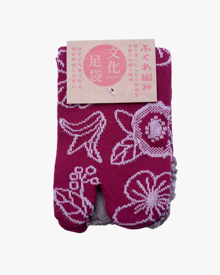 Kurochiku, Tabi Socks, Crew, Magenta with Light Pink Flowers (S/M)