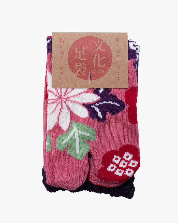 Kurochiku, Tabi Socks, Crew, Pink with Purple and White Flowers (S/M)