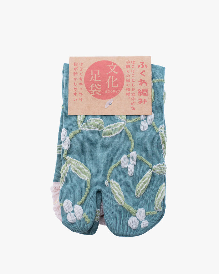 Kurochiku, Tabi Socks, Crew, Teal with Green Flowers (S/M)