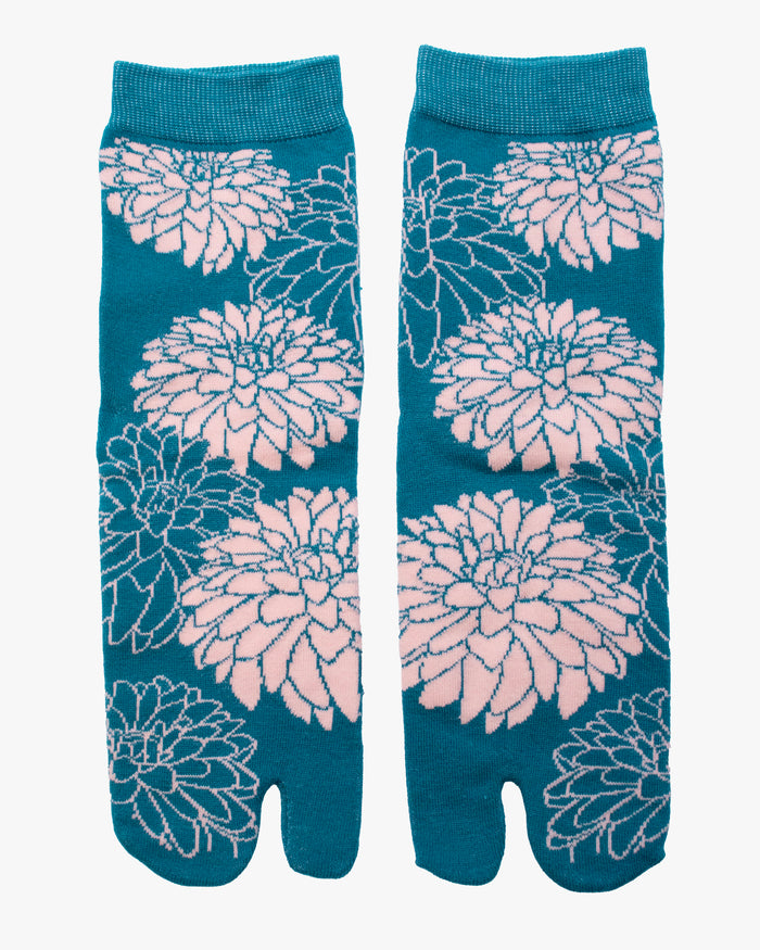 Kurochiku, Tabi Socks, Crew, Teal with Pink Flowers (S/M)