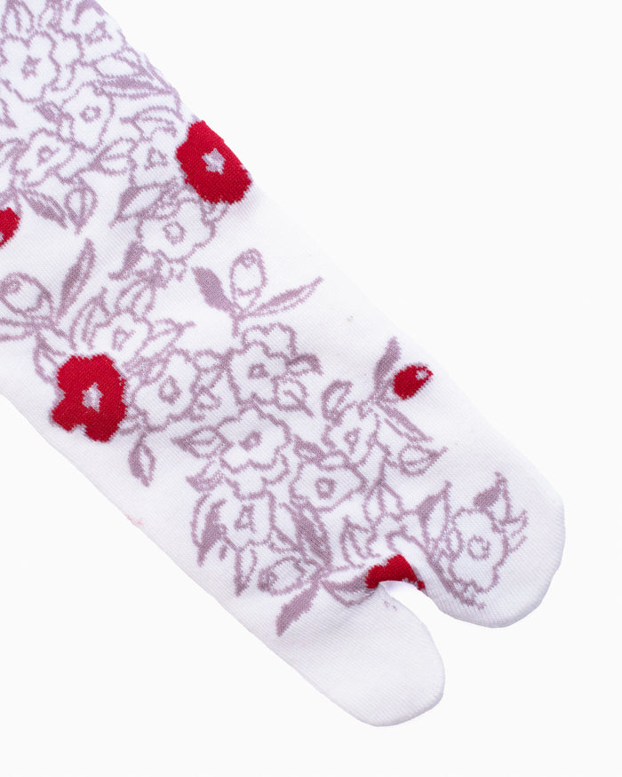 Kurochiku, Tabi Socks, Crew, White with Purple and Red Flowers (S/M)