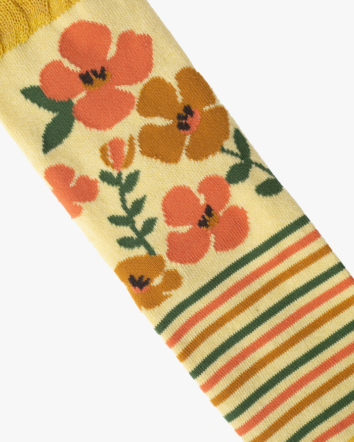 Kurochiku, Tabi Socks, Crew, Yellow, Orange Flowers and Stripes - S/M