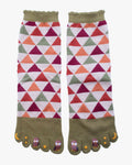 Kurochiku, Toe Socks, Crew, Beige and Orange and Green and Red Triangles (S/M)
