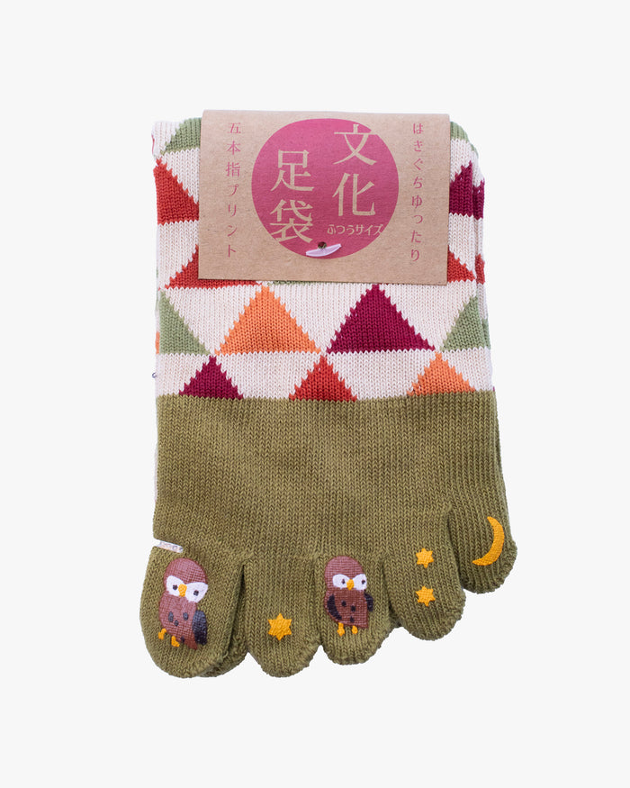 Kurochiku, Toe Socks, Crew, Beige and Orange and Green and Red Triangles (S/M)