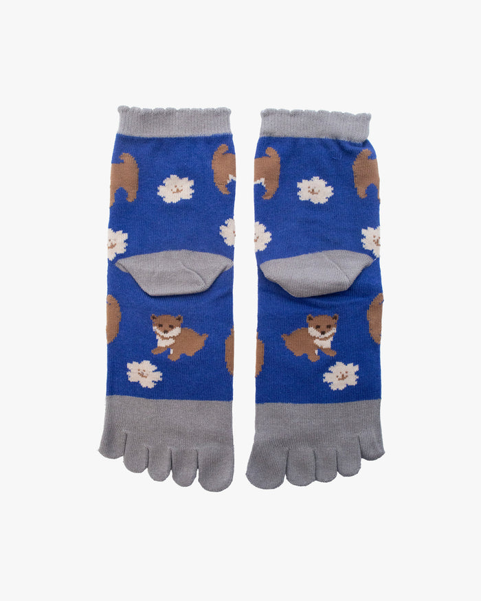 Kurochiku, Toe Socks, Crew, Blue and Grey with Foxes