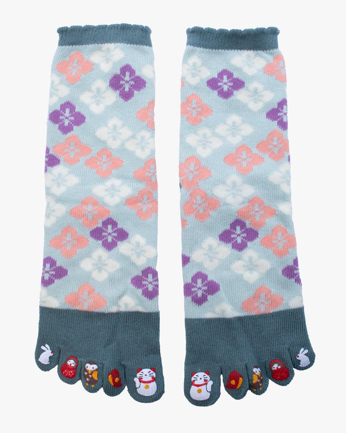Kurochiku, Toe Socks, Crew, Blue with Pink and Purple Flowers (S/M)