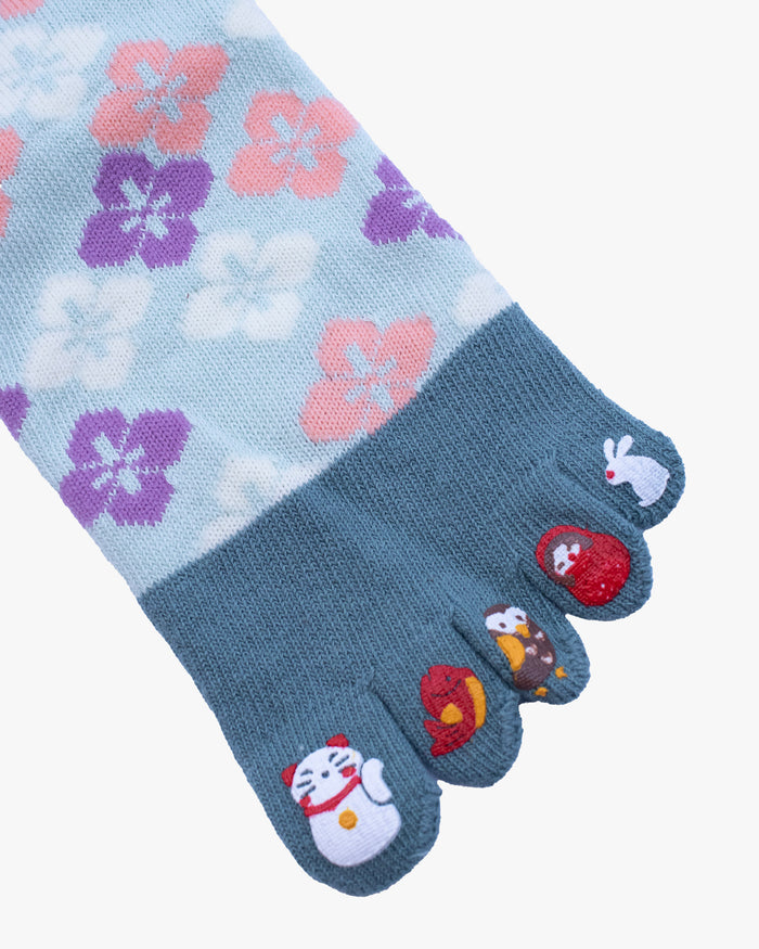 Kurochiku, Toe Socks, Crew, Blue with Pink and Purple Flowers (S/M)