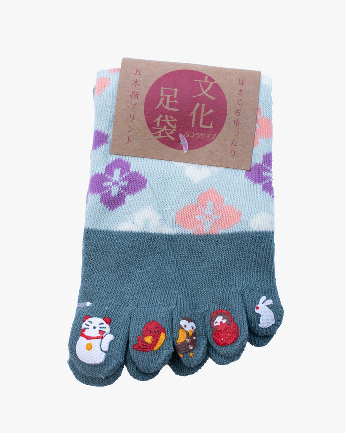 Kurochiku, Toe Socks, Crew, Blue with Pink and Purple Flowers (S/M)