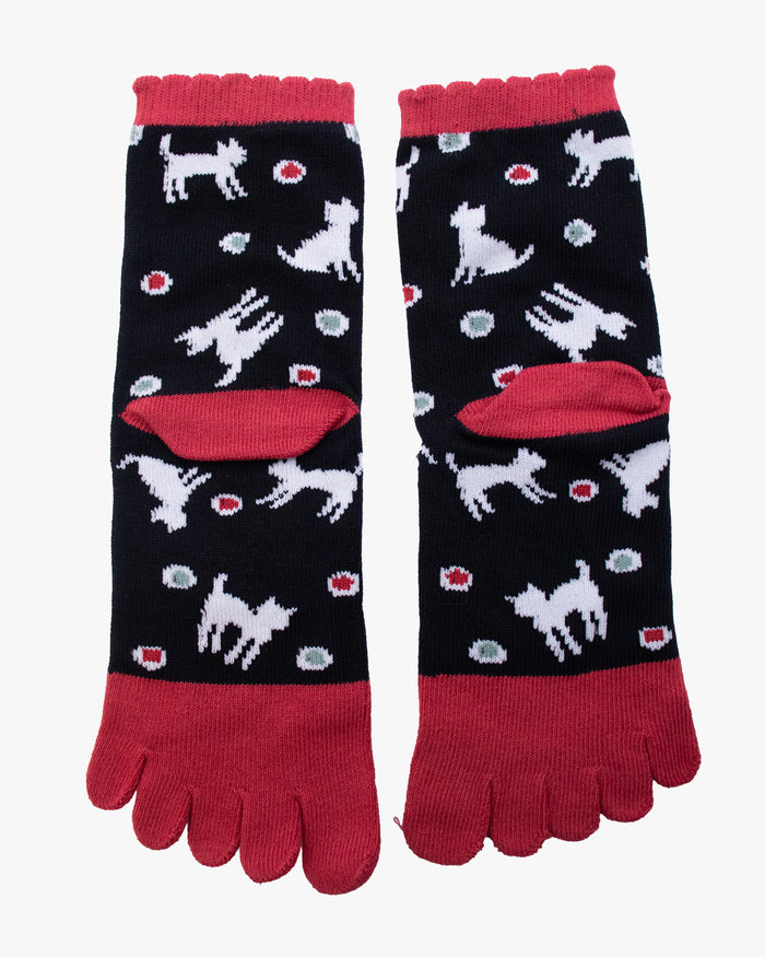 Kurochiku, Toe Socks, Crew, Red and Black with Cats (S/M)