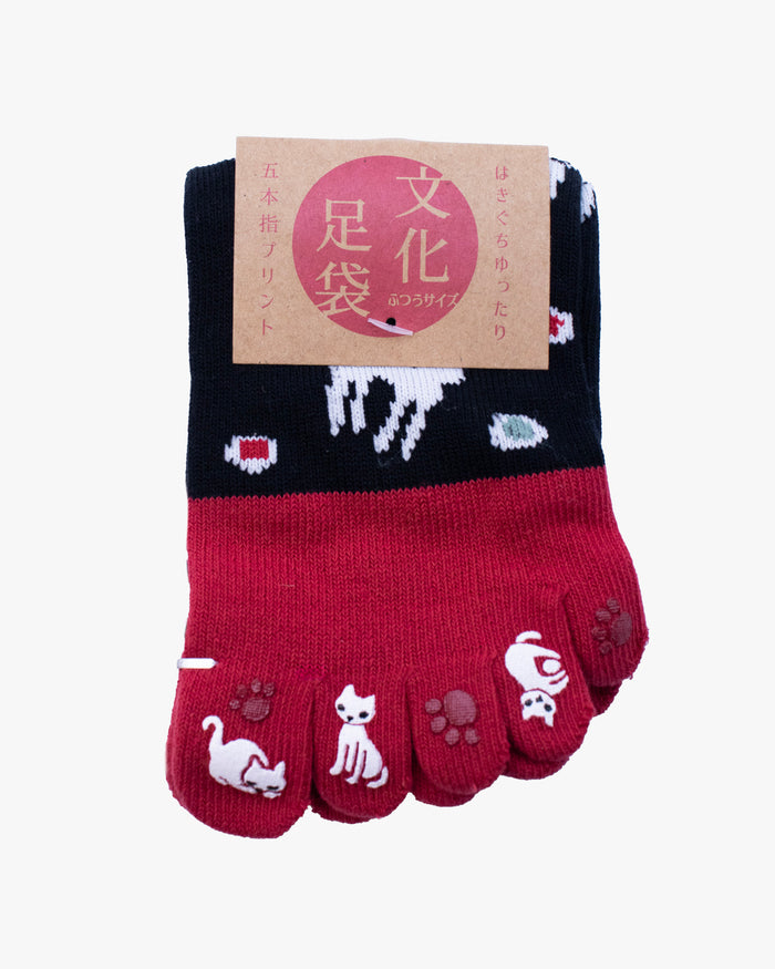Kurochiku, Toe Socks, Crew, Red and Black with Cats (S/M)