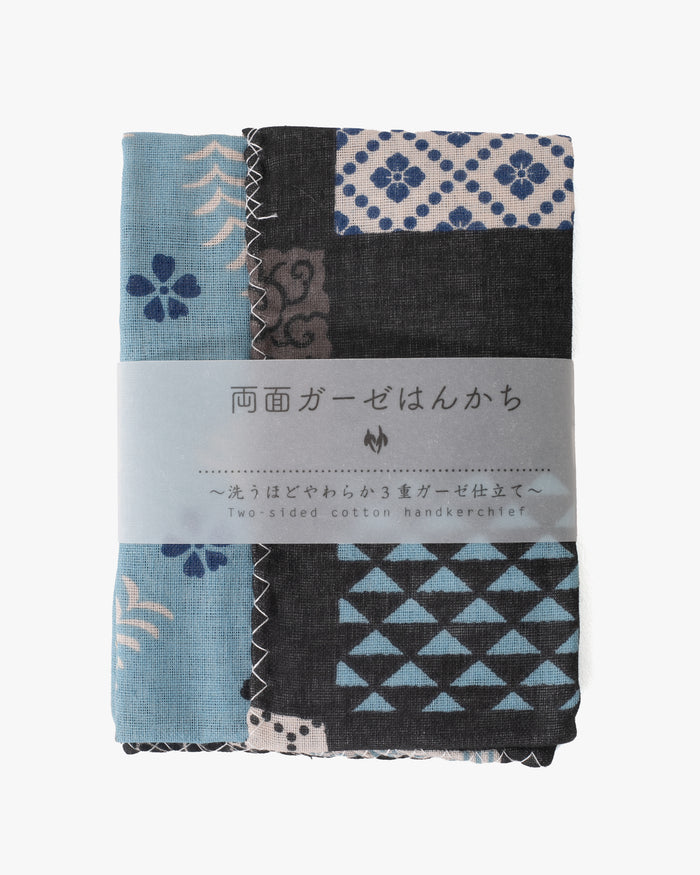 Kurochiku, Two-Sided Cotton Handkerchief, Blue and Charcoal Multi-Pattern Ichimatsu