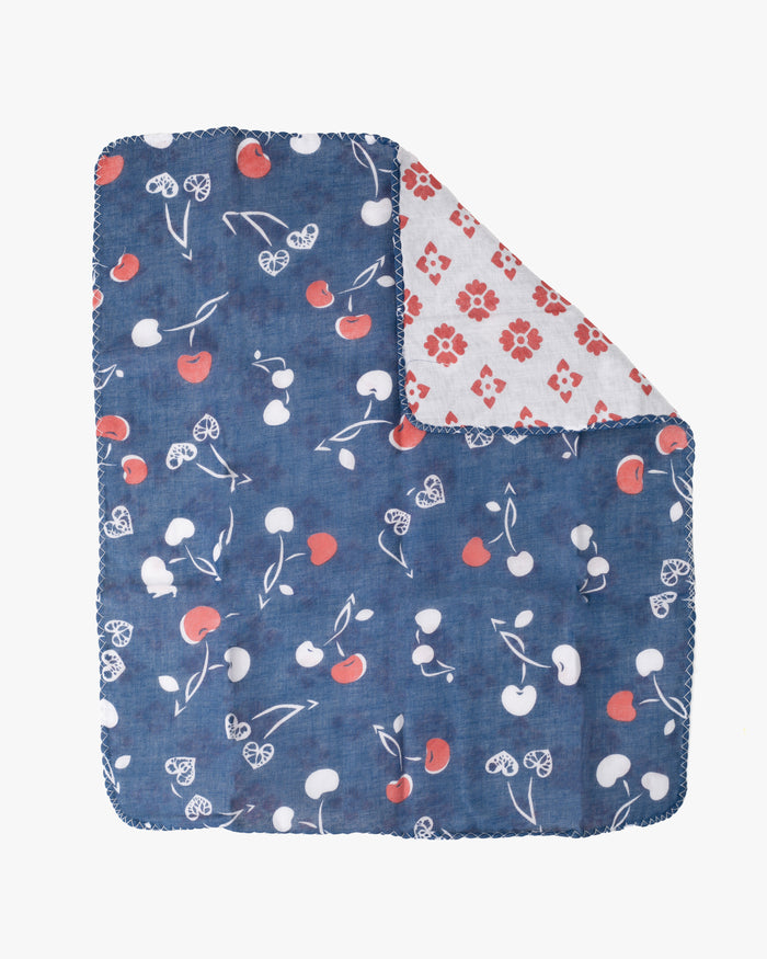 Kurochiku, Two-Sided Cotton Handkerchief, Blue and White Cherries with Hanabishi