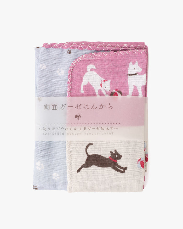 Kurochiku, Two-Sided Cotton Handkerchief, Cats and Dogs Striped