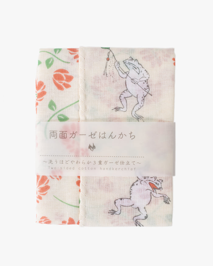 Kurochiku, Two-Sided Cotton Handkerchief, Choju-Giga and Orange Floral