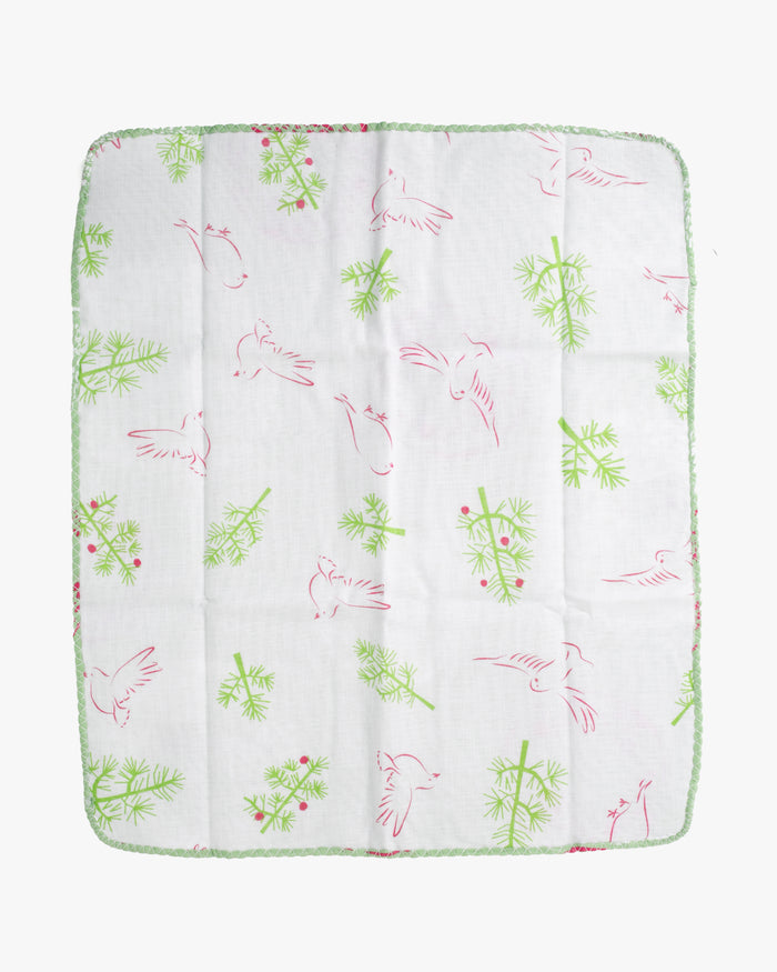 Kurochiku, Two-Sided Cotton Handkerchief, Green, White, and Pink with Birds