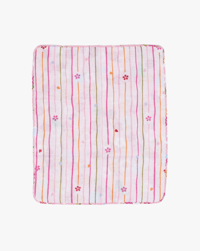 Kurochiku, Two-Sided Cotton Handkerchief, Pink with Flowers and Shima