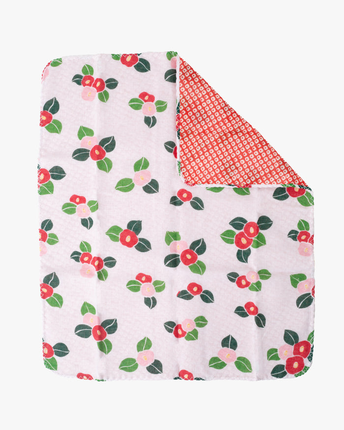 Kurochiku, Two-Sided Cotton Handkerchief, Red Shibori and White with Tsubaki