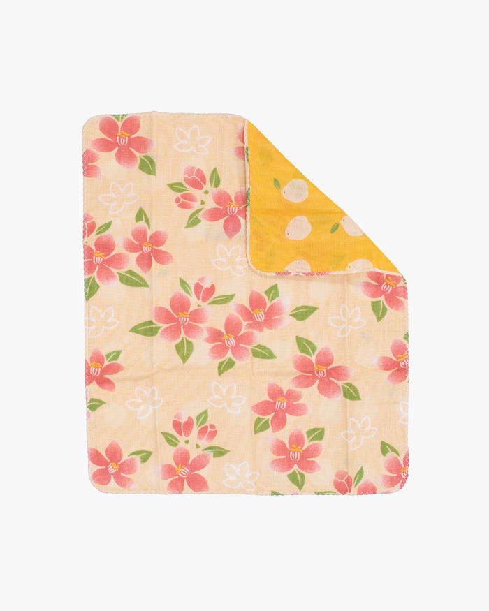 Kurochiku, Two-Sided Cotton Handkerchief, Yellow with Pink and White Flowers