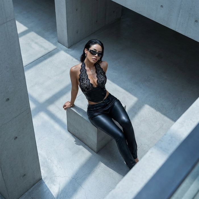 Top bustier noir à lacets et boucle, style K-fashion femme