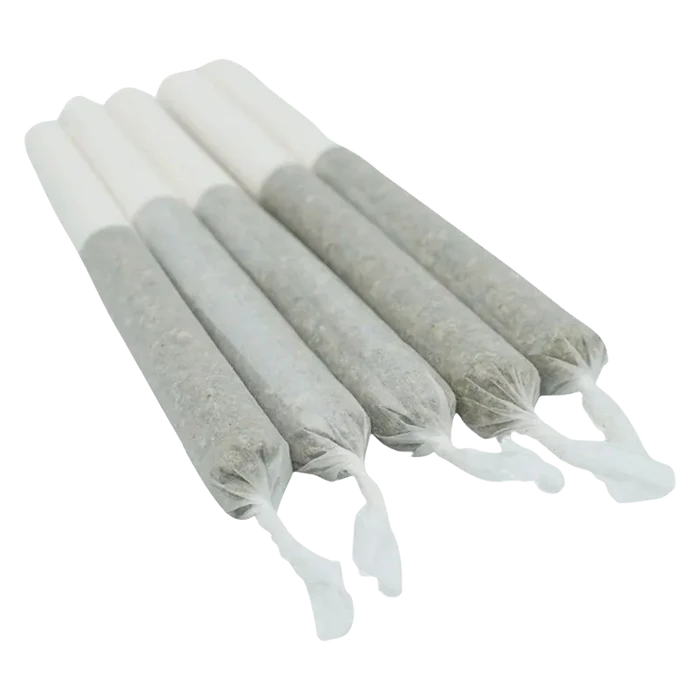 Three-quarter view of five twisted-end Lemon-Up PR 5 x 0.5 g pre-rolls aligned diagonally on a white background.