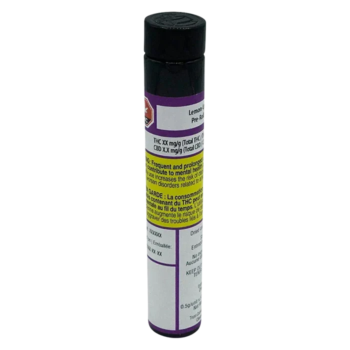 Tall front view of the Lemon-Up PR 5 x 0.5 g tube standing upright with a black cap and purple, yellow, and white warning labels visible.