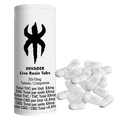 Front-facing white Invader Live Rosin Tabs bottle with black logo beside a scattered pile of oval white tablets.