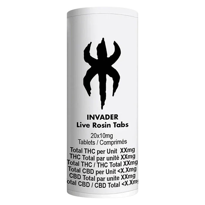 Tall front-facing white cylinder labeled "INVADER Live Rosin Tabs" with a bold black logo above centered product text.