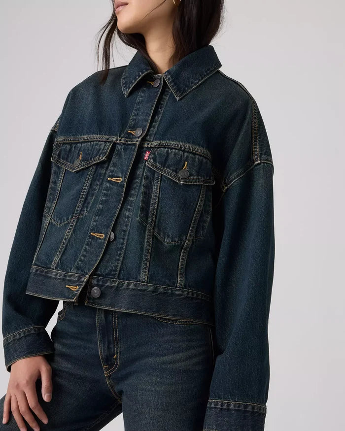 Loose Crop Trucker Jacket - High Vibration Trucker Dark Wash