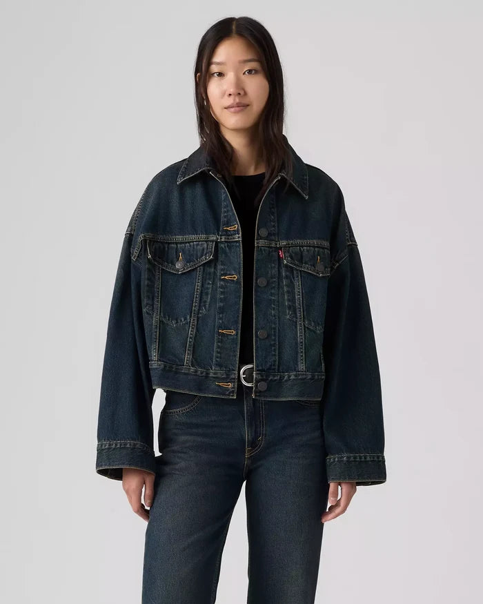 Loose Crop Trucker Jacket - High Vibration Trucker Dark Wash