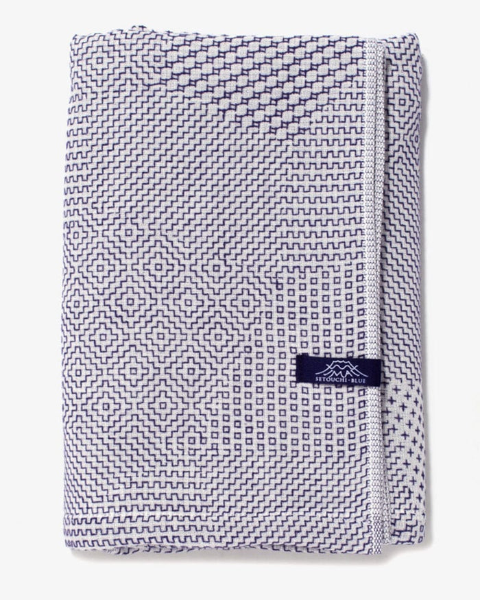Maple & Moon Bath Towel, White with Blue Sashiko Stitching