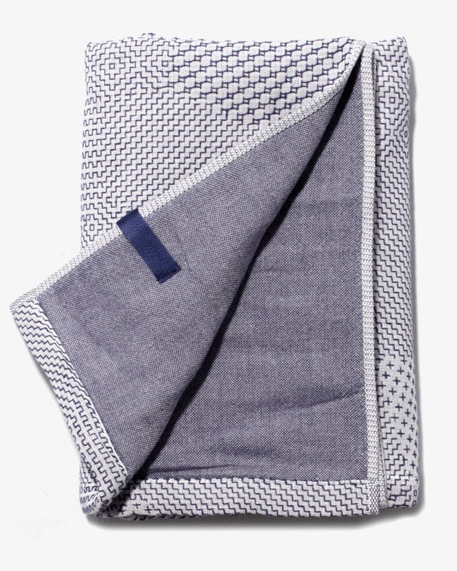 Maple & Moon Bath Towel, White with Blue Sashiko Stitching