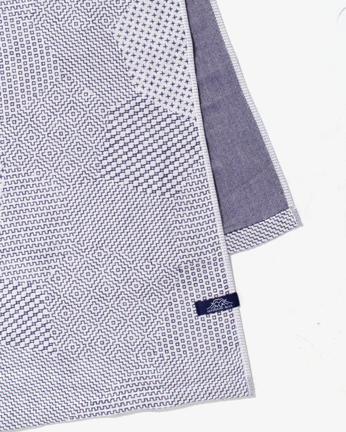 Maple & Moon Bath Towel, White with Blue Sashiko Stitching