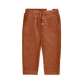 Brown corduroy pants with a drawstring on a white background