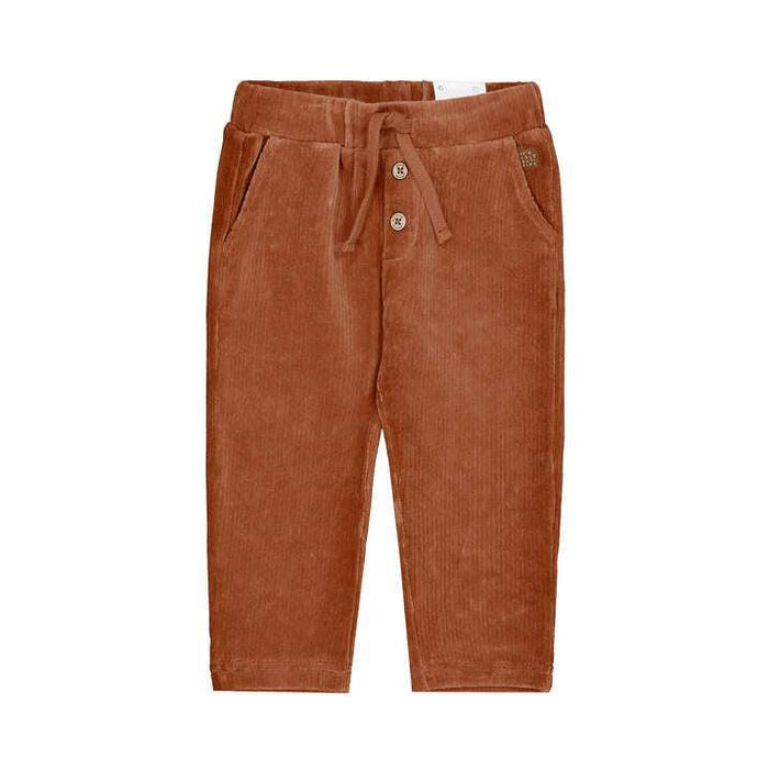 Brown corduroy pants with a drawstring on a white background