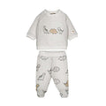 A two-piece baby loungewear set in light heather gray, featuring a short-sleeve sweatshirt and matching jogger pants with dinosaur prints in brown, beige, and gray.