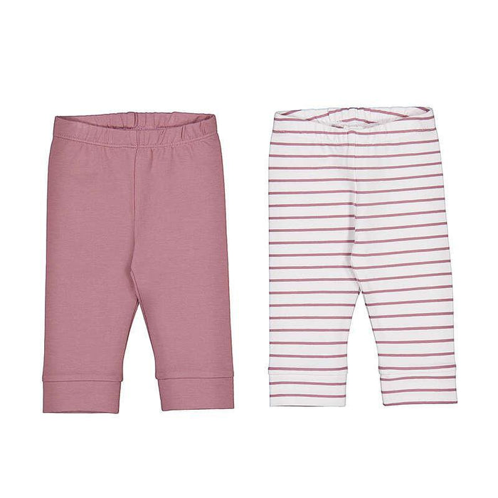 Two pairs of children's jogger-style pants laid flat on a white background: one solid dusty pink and one white with thin pink horizontal stripes.