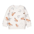 A baby long-sleeve sweatshirt in cream heather with an all-over watercolor print of foxes and hedgehogs, featuring a front pocket with a hedgehog design.