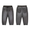 Front and back views of dark gray washed denim jogger pants for kids, featuring an elastic drawstring waist, front patch pockets, and back pockets on a white background.
