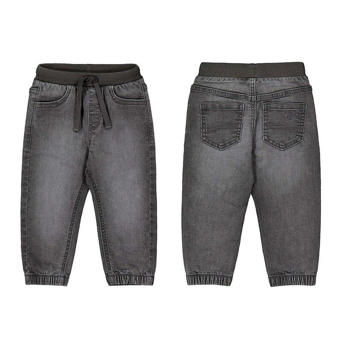 Front and back views of dark gray washed denim jogger pants for kids, featuring an elastic drawstring waist, front patch pockets, and back pockets on a white background.