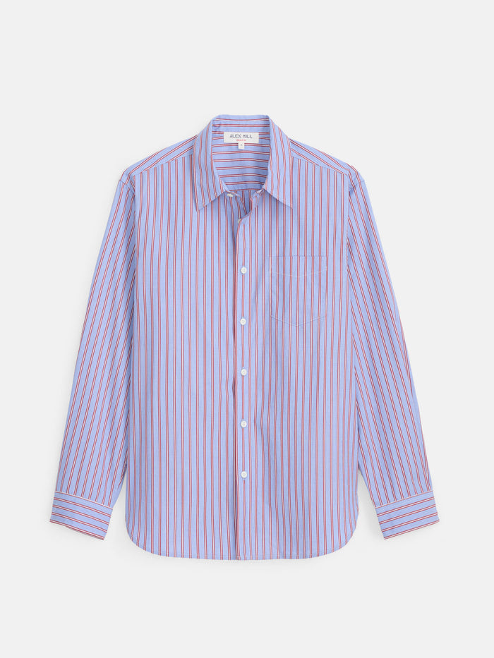 Mill Point Collar Striped Shirt in Cotton Poplin - Blue Stripe
