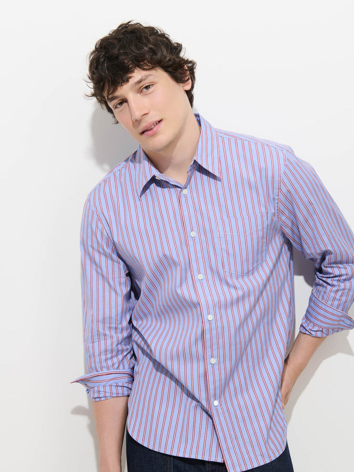 Mill Point Collar Striped Shirt in Cotton Poplin - Blue Stripe