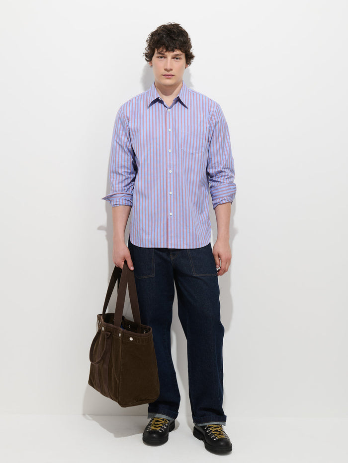 Mill Point Collar Striped Shirt in Cotton Poplin - Blue Stripe