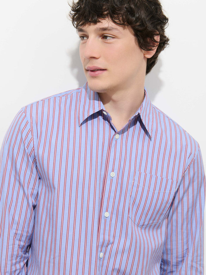 Mill Point Collar Striped Shirt in Cotton Poplin - Blue Stripe