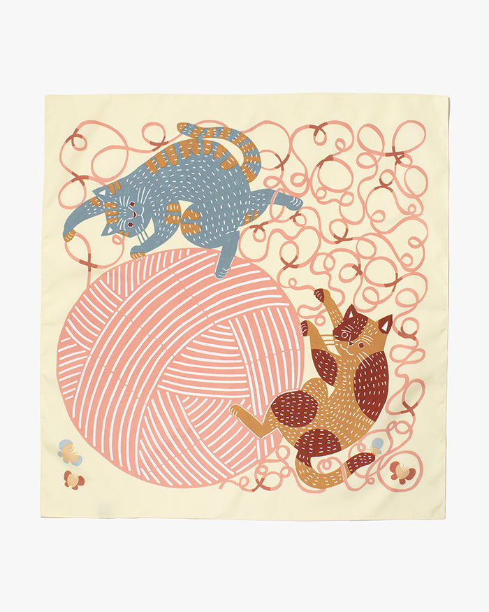 Modern Furoshiki, Musubi, Aqua Drop, Water Repellent, Kata Kata, Cat & Yarn, Yellow 27.5" x 27.5"