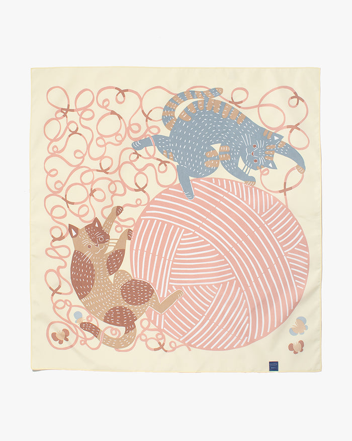 Modern Furoshiki, Musubi, Aqua Drop, Water Repellent, Kata Kata, Cat & Yarn, Yellow 27.5" x 27.5"