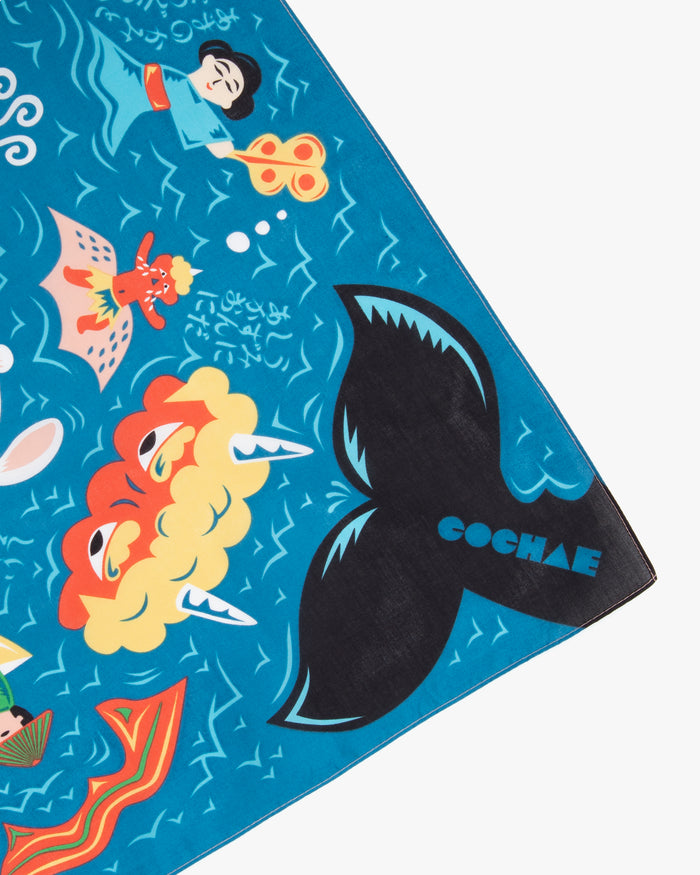 Modern Furoshiki, Musubi, Cochae, Japanese Folktales, Sea 27.5" x 27.5"