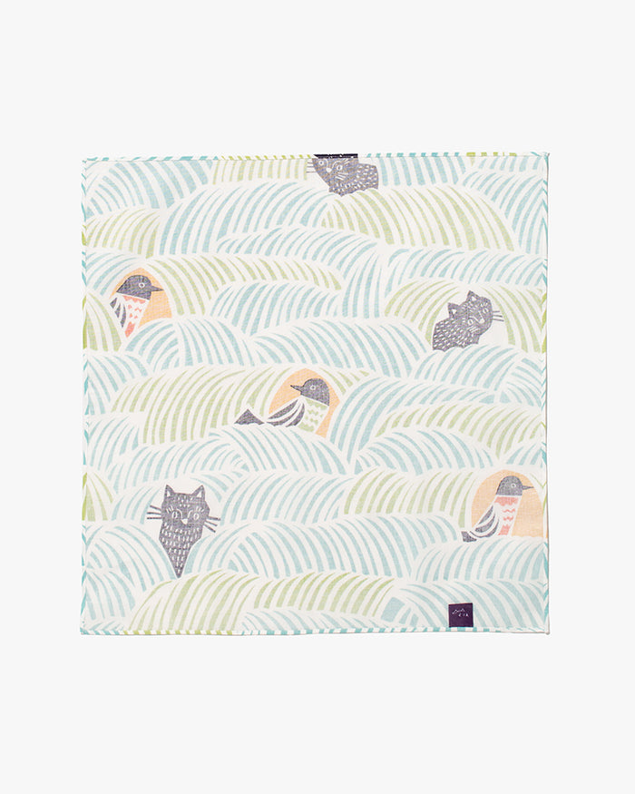 Modern Furoshiki, Musubi, Kata Kata, Cats & Birds, Green 17.5" x 17.5"
