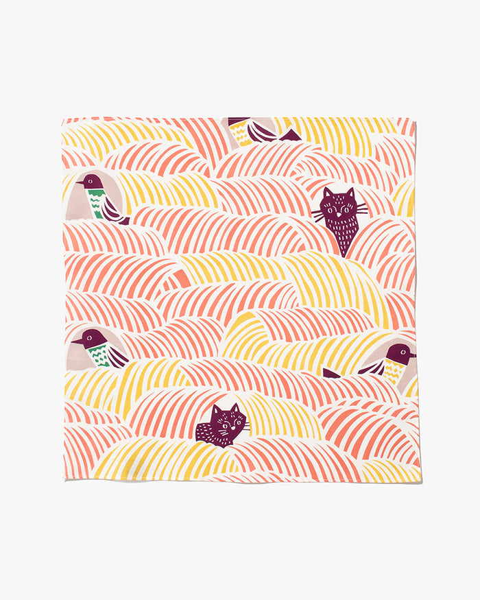 Modern Furoshiki, Musubi, Kata Kata, Cats & Birds, Pink 17.5" x 17.5"